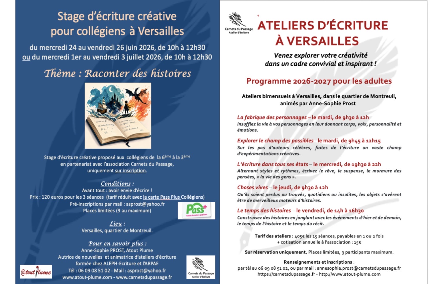 Stage d'écriture créative pour collégiens à Versailles en juin et juillet 2026, et programme 2026-2027 des ateliers d'écriture pour adultes