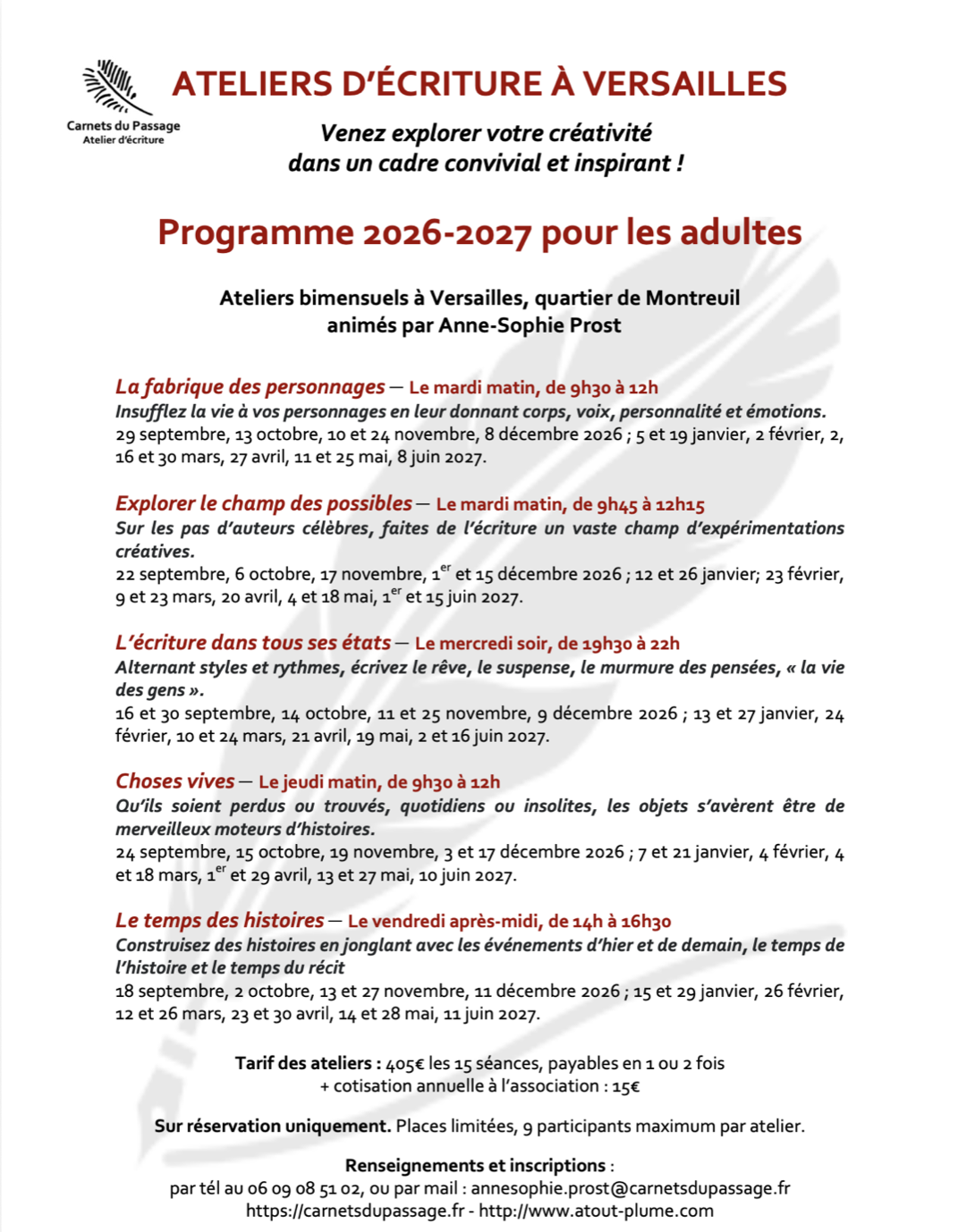 Programme et dates des ateliers d'écriture à Versailles 2026-2027